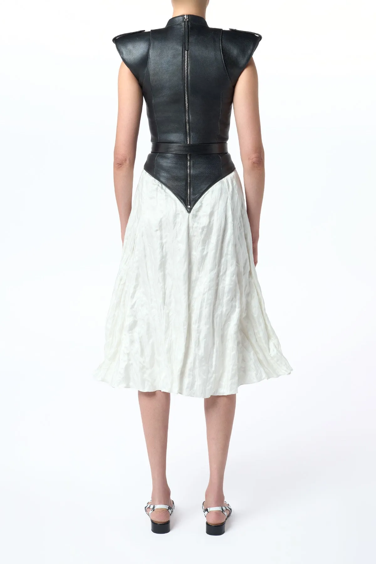 Athena Moto Midi Dress in Black Leather & Ivory Metallic Crinkled Silk