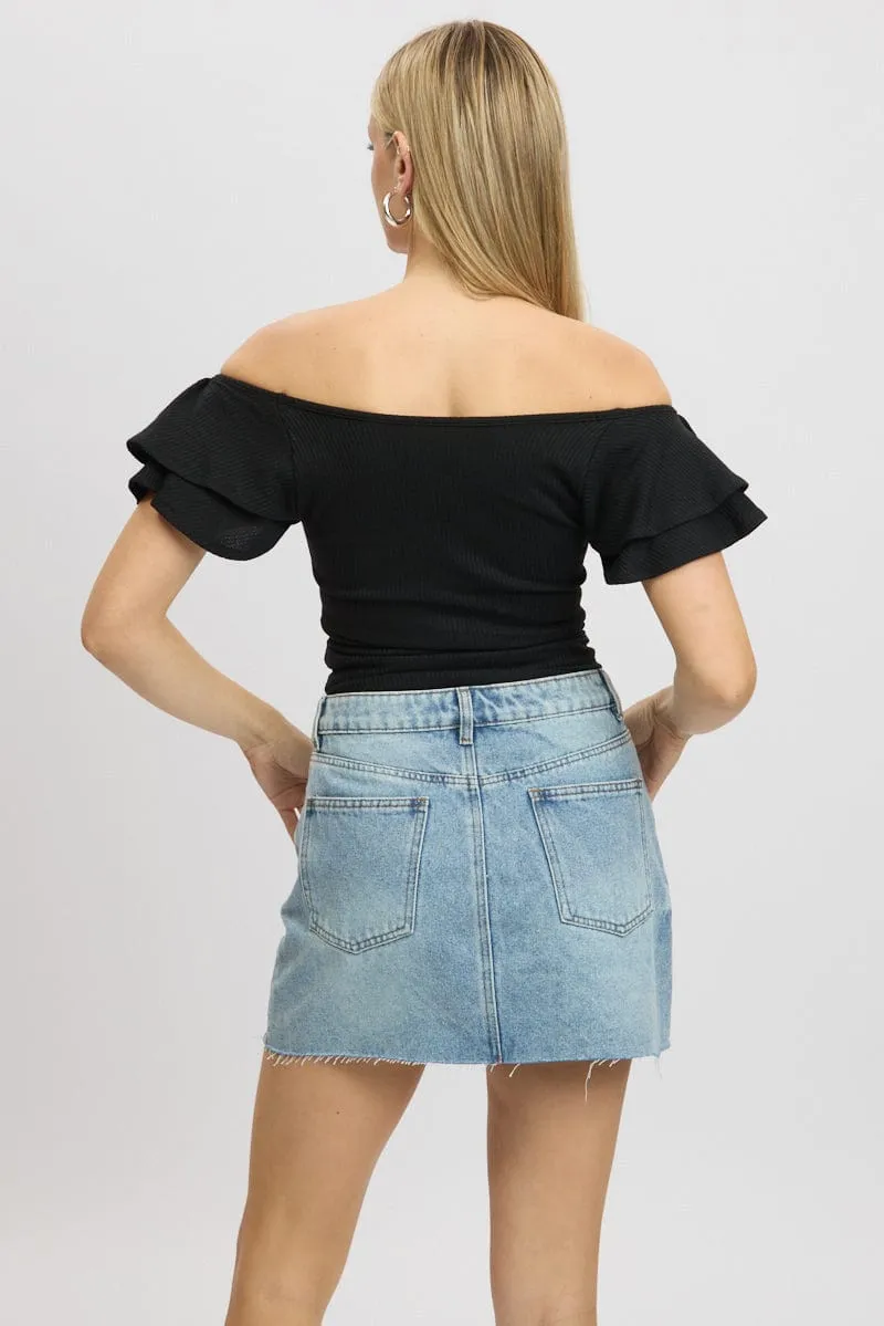 Black Bodysuit Ruffle Sleeve Textured