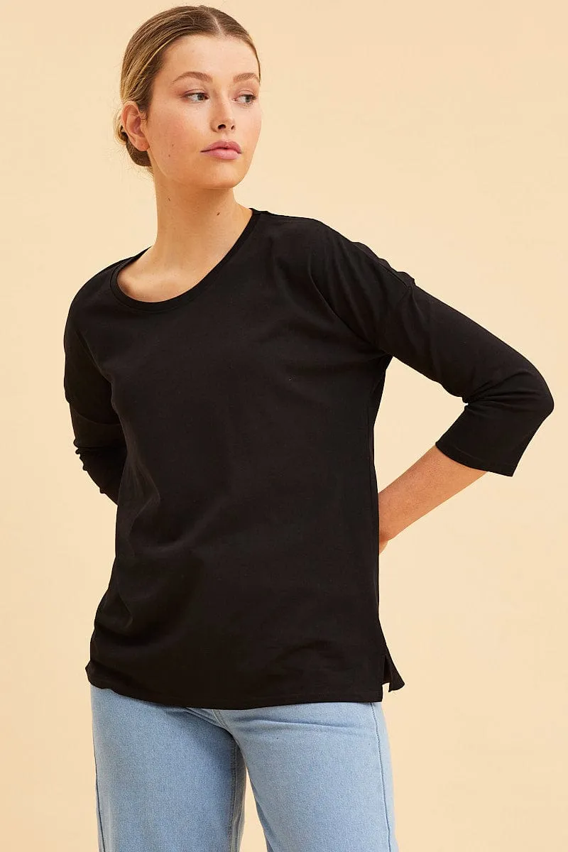 Black Cotton Top 3/4 Sleeve Drop Shoulder Relaxed Fit