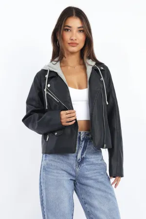 Black Faux leather Biker With Removable Hoodie