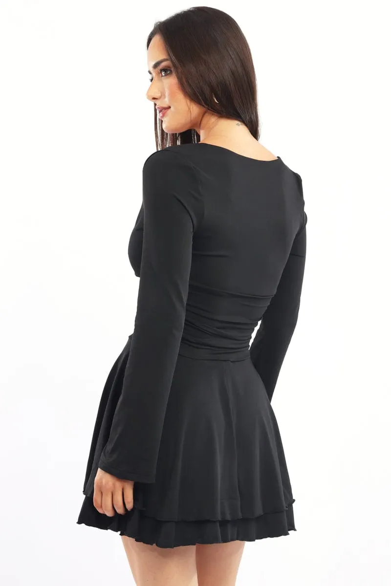 Black Fit And Flare Dress Bell Sleeve