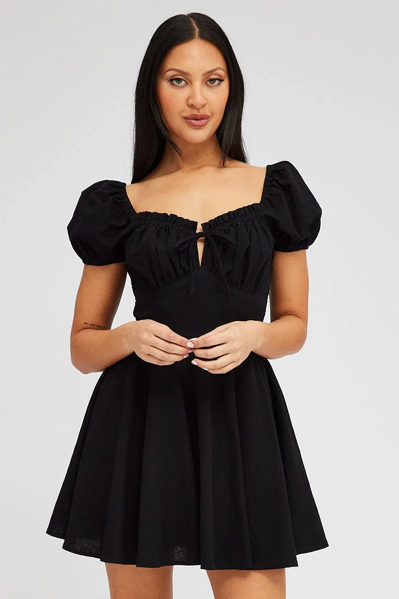 Black Fit And Flare Dress Puff Sleeve Mini