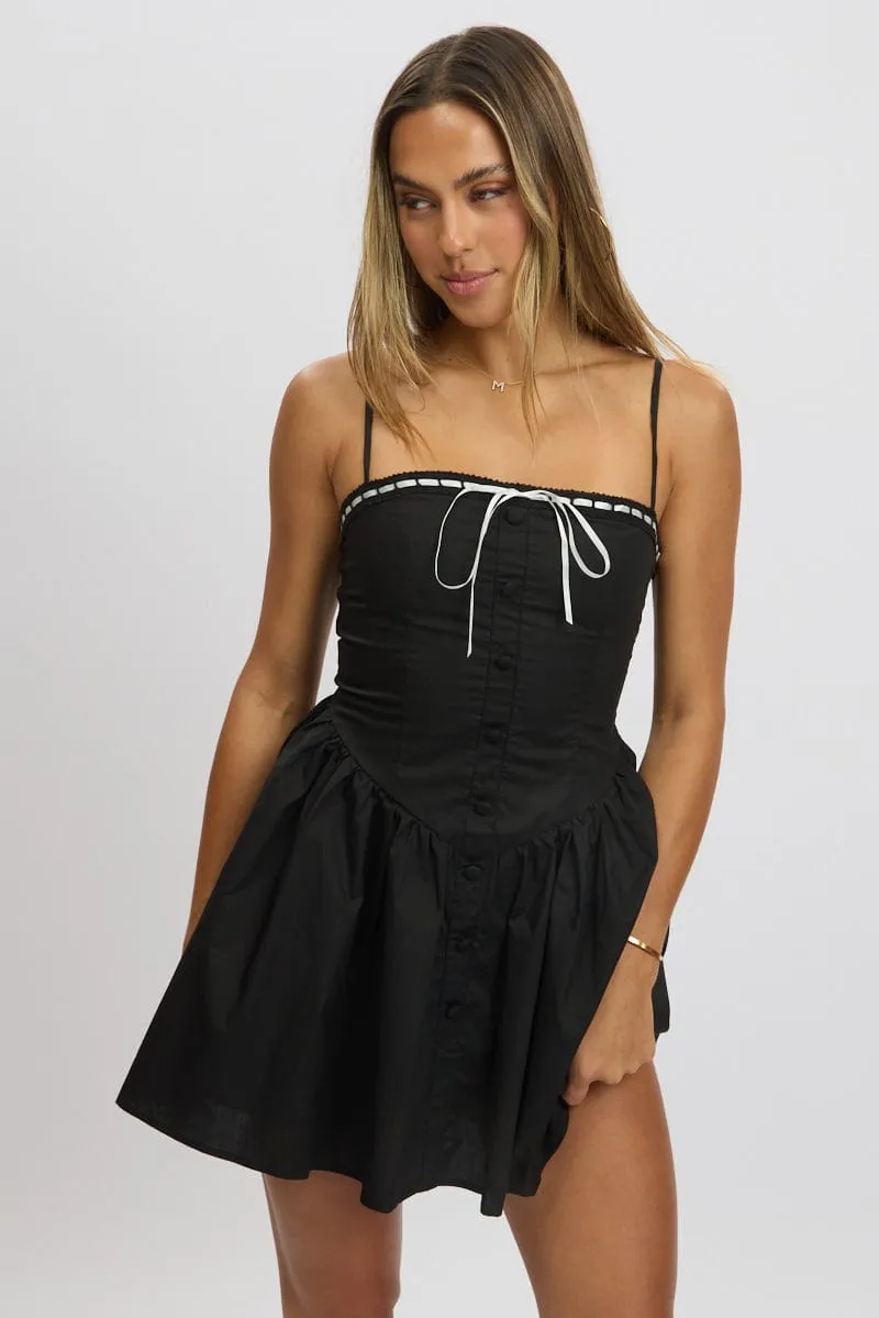 Black Fit And Flare Dress Ribbon Tape Mini
