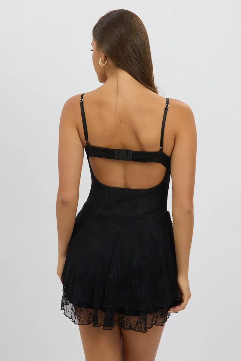 Black Fit And Flare Dress Strappy Lace