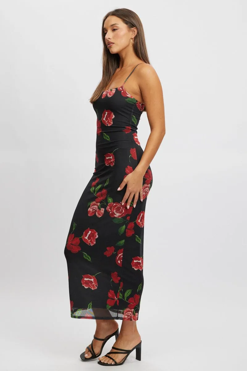 Black Floral Bodycon Dress Maxi Mesh