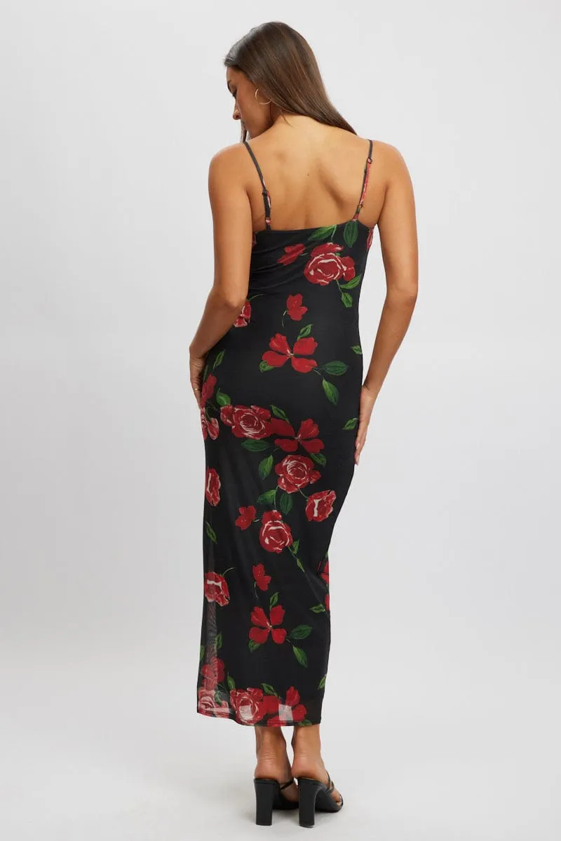 Black Floral Bodycon Dress Maxi Mesh