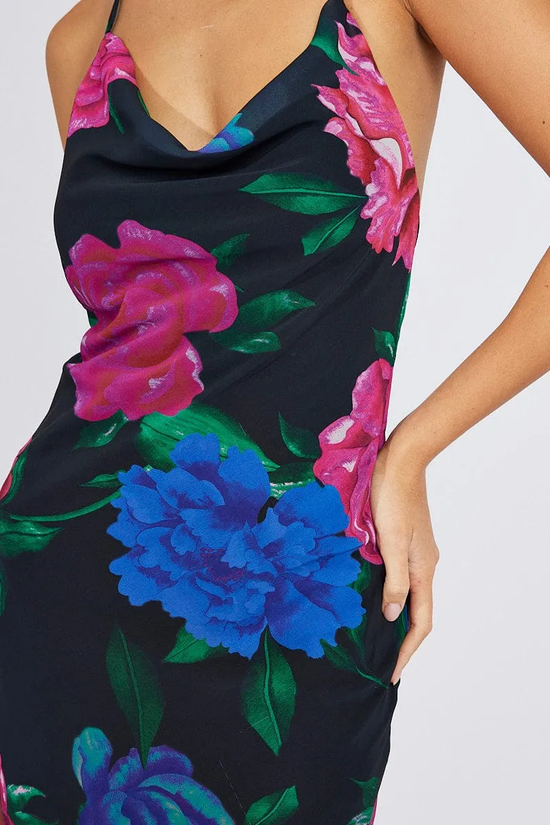 Black Floral Bouquet Maxi Halter Neck Mermaid Maxi Dress