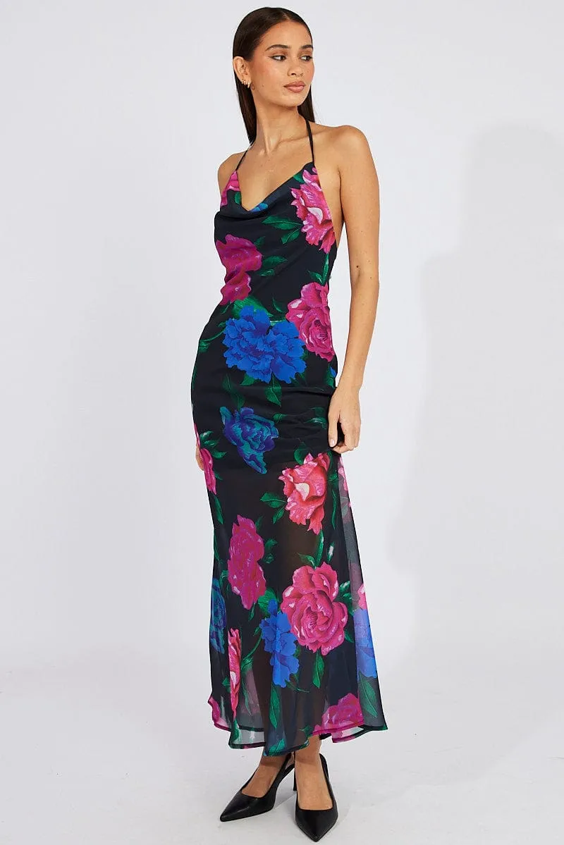 Black Floral Bouquet Maxi Halter Neck Mermaid Maxi Dress