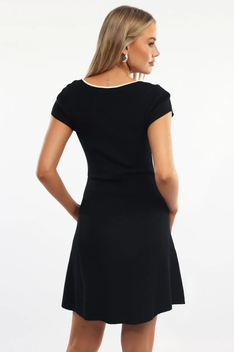 Black Knit Dress Fit and Flare Short Sleeve