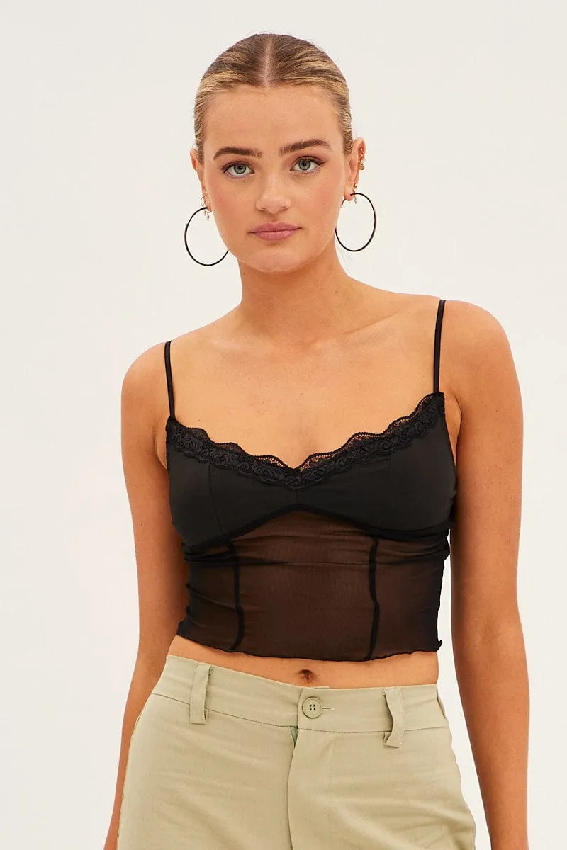 Black Lace Trim Mesh Cami Top