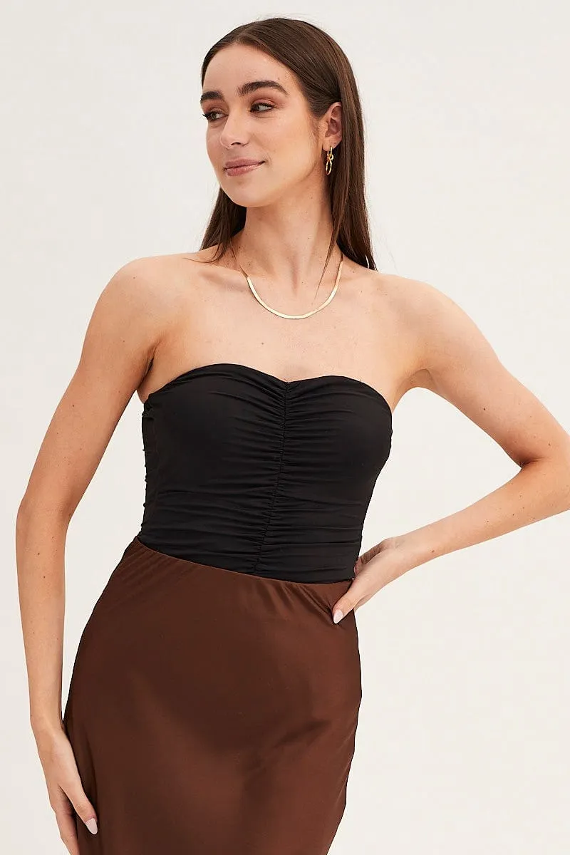 Black Ruched Front Strapless Bodysuit