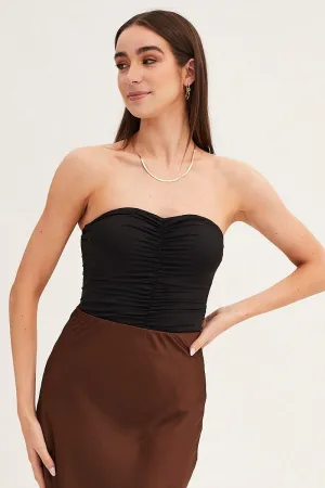 Black Ruched Front Strapless Bodysuit