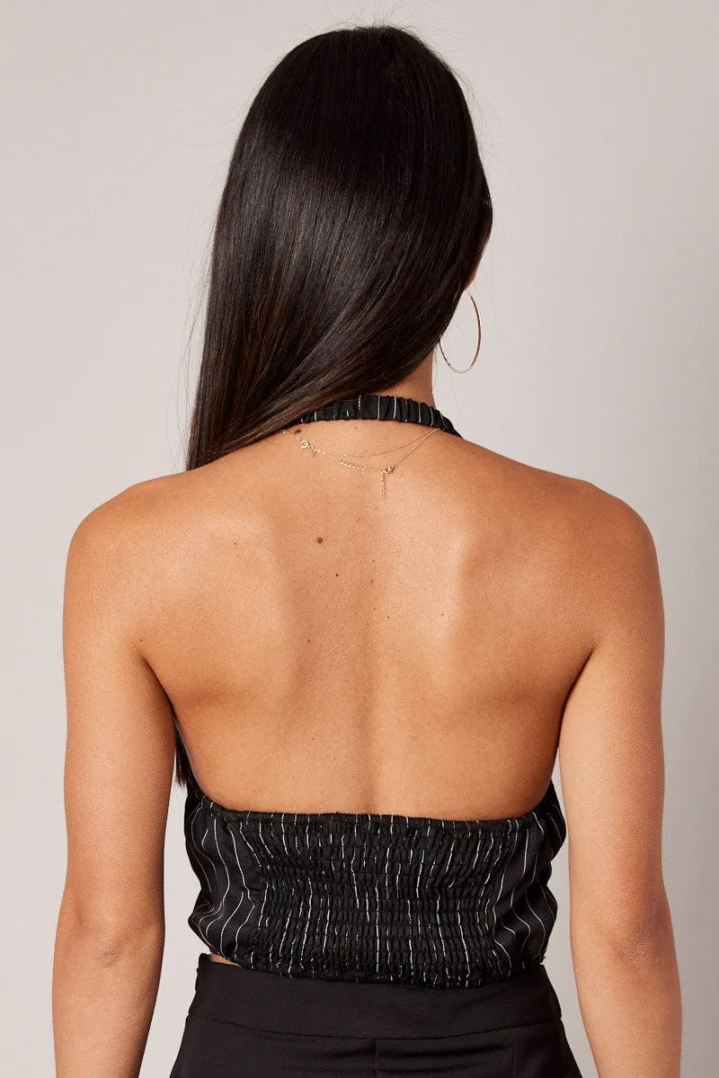 Black Stripe Halter Top Underwire Pinstripe Crop Top