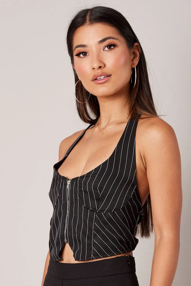 Black Stripe Halter Top Underwire Pinstripe Crop Top