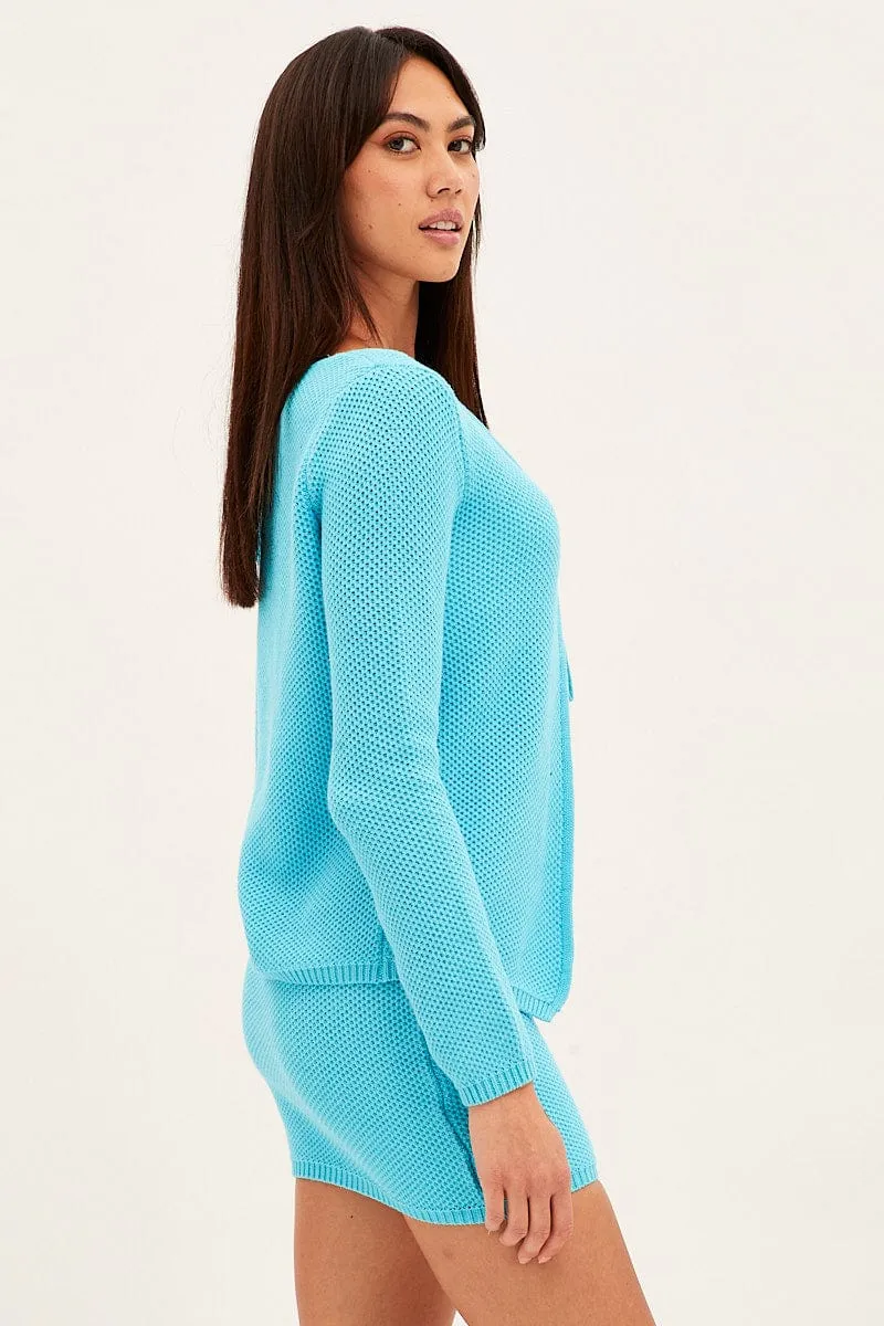 Blue Mini Skirt Crochet Cotton Blend
