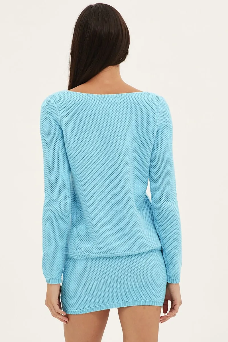 Blue Mini Skirt Crochet Cotton Blend
