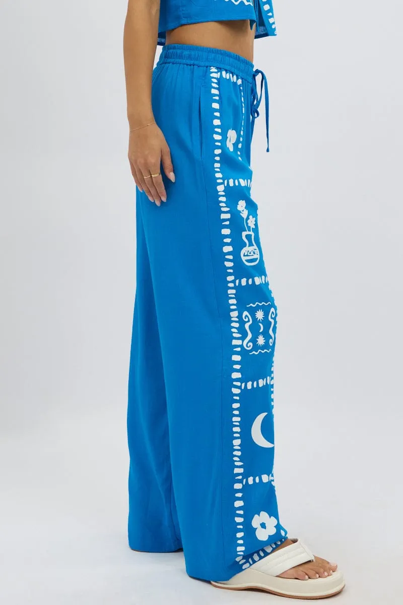 Blue Wide Leg Pants Elasticated Waist