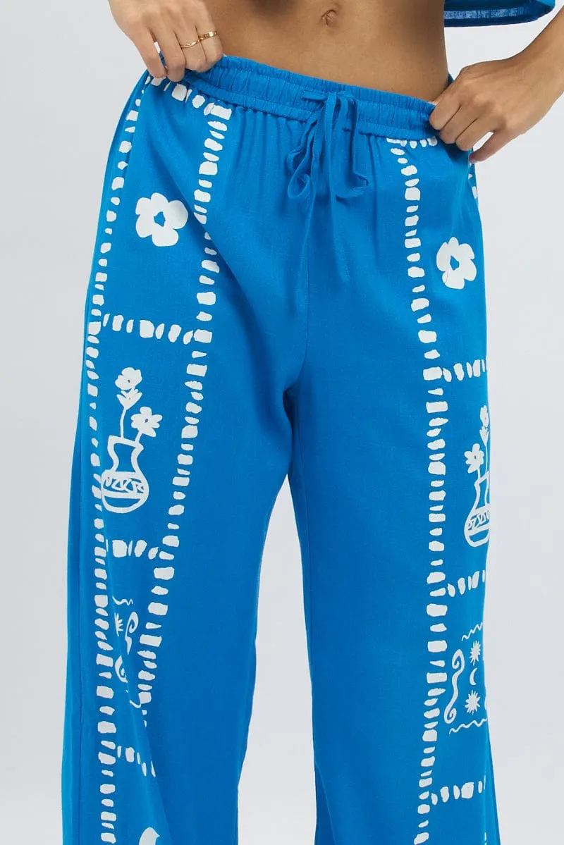 Blue Wide Leg Pants Elasticated Waist