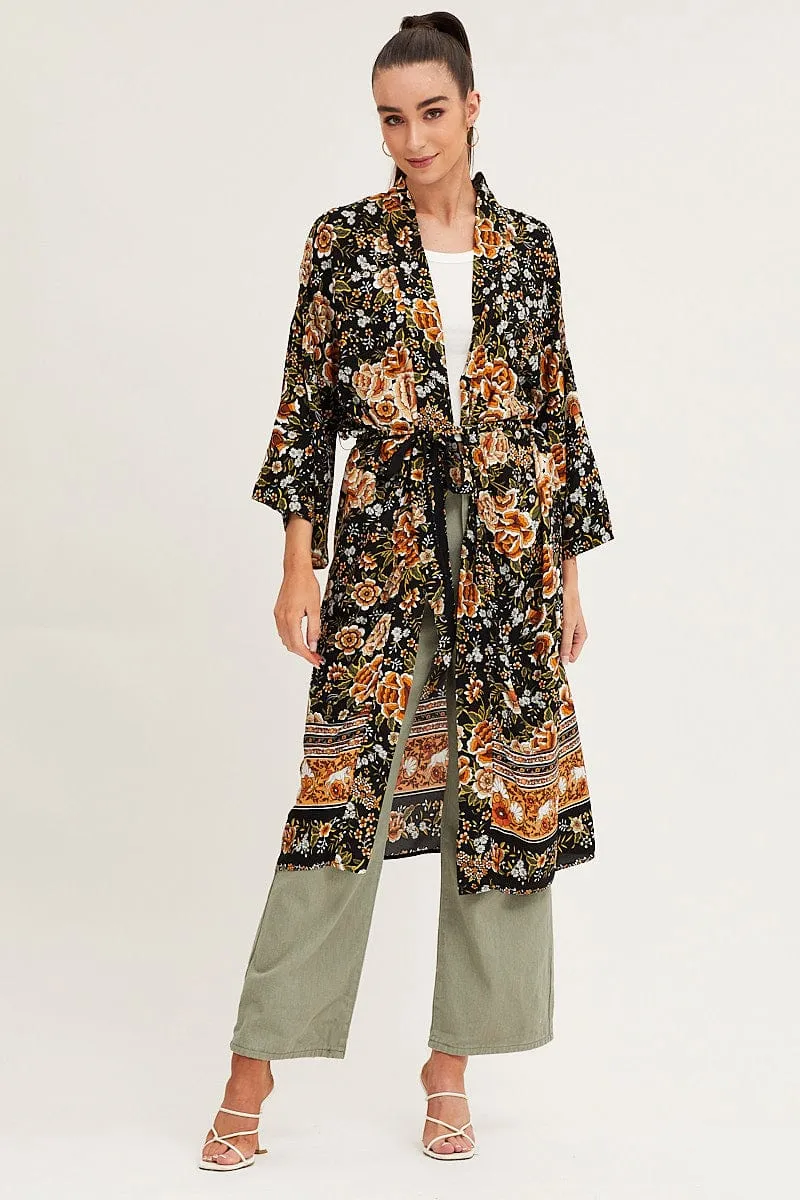 Boho Print Long Sleeve Longline Kimono