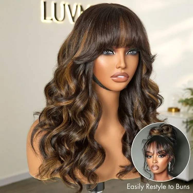Breathable Cap True Scalp Blonde Highlight Loose Wave Glueless Minimalist Lace Wig with Bangs