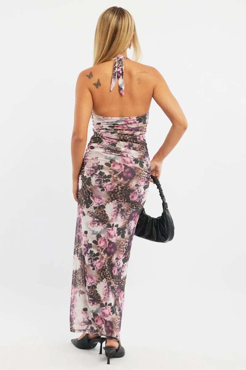 Brown Animal Print Bodycon Dress Halter Neck