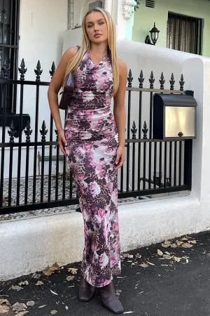 Brown Animal Print Bodycon Dress Halter Neck