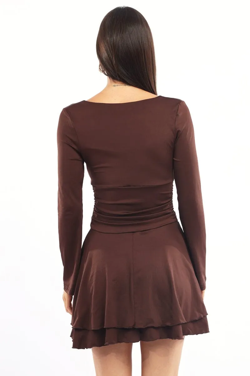Brown Fit And Flare Dress Bell Sleeve