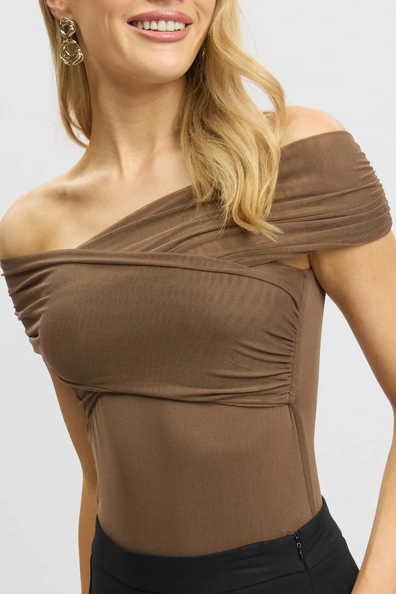 Brown Off Shoulder Bodysuit Mesh