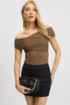 Brown Off Shoulder Bodysuit Mesh