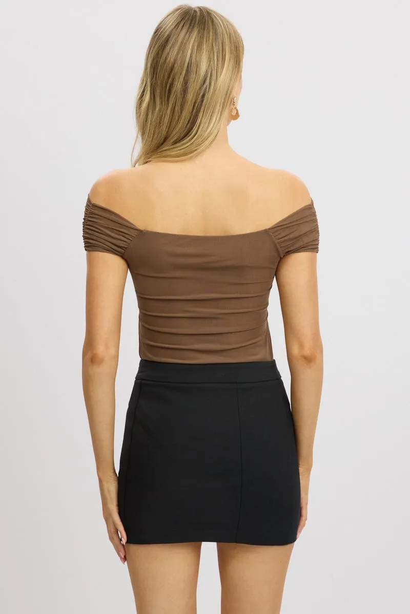 Brown Off Shoulder Bodysuit Mesh