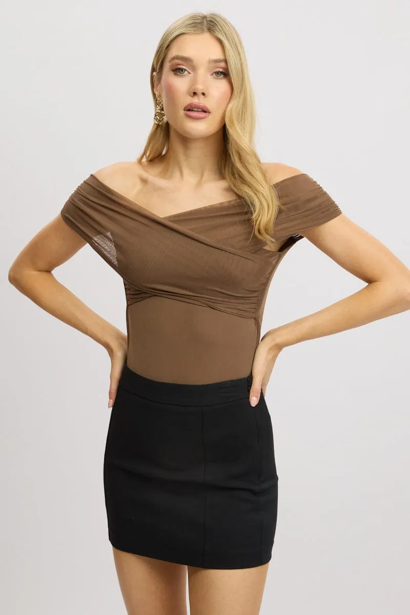 Brown Off Shoulder Bodysuit Mesh
