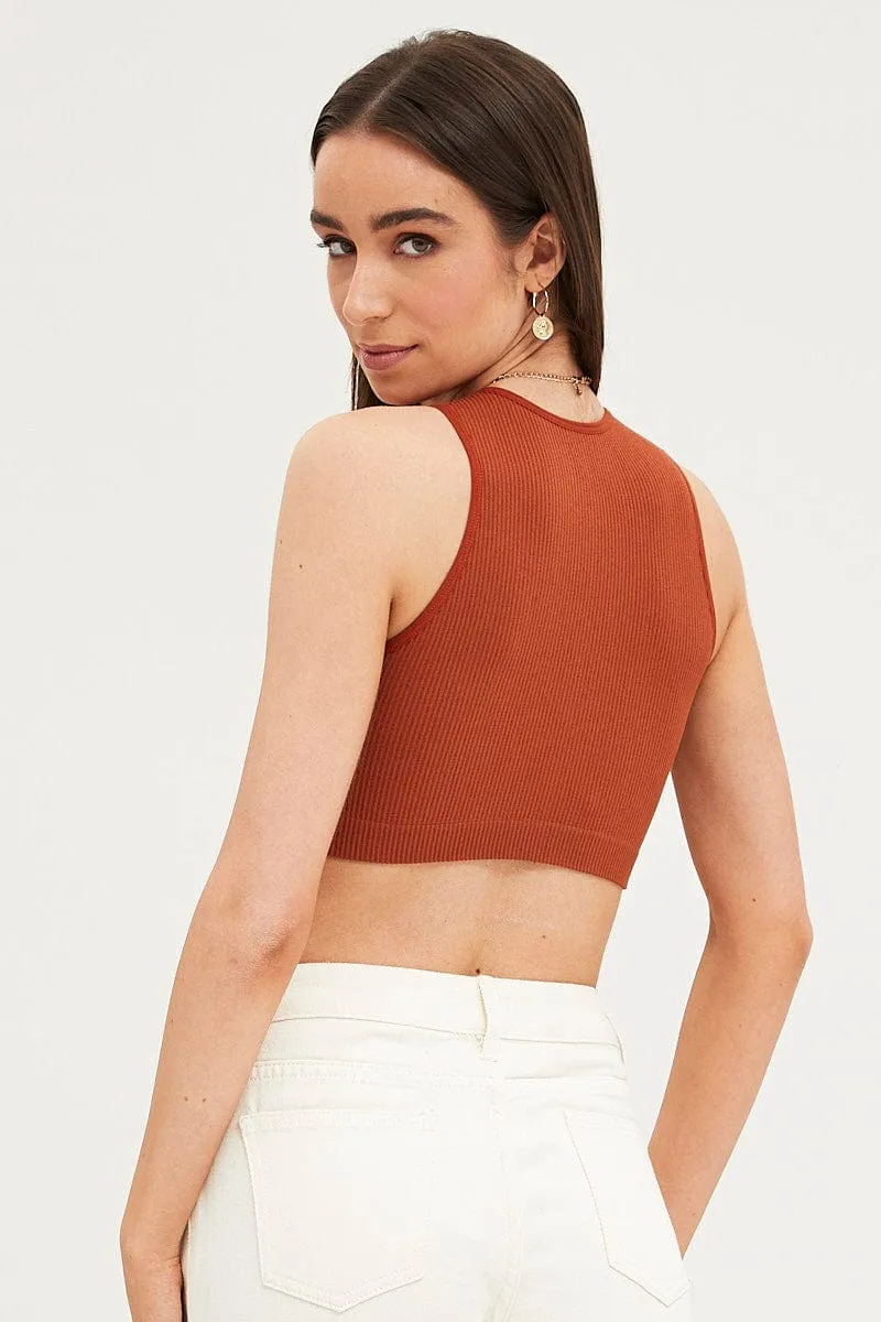 Brown Tank Top Sleeveless Crew Neck