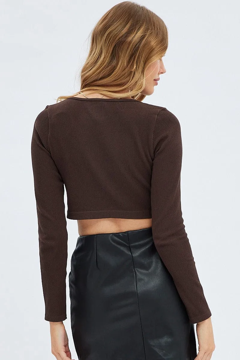 Brown Top Crop Round Neck Diamante Seamless