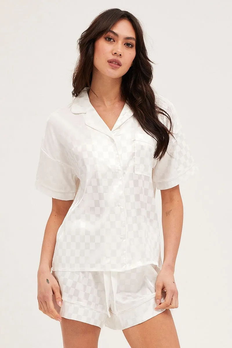 Check Satin Pajamas Set Short Sleeve