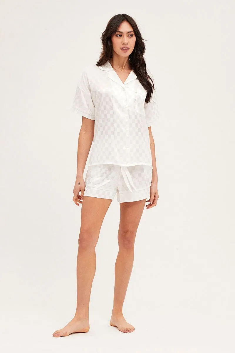 Check Satin Pajamas Set Short Sleeve