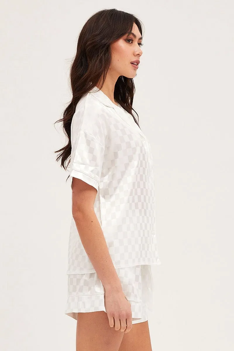 Check Satin Pajamas Set Short Sleeve