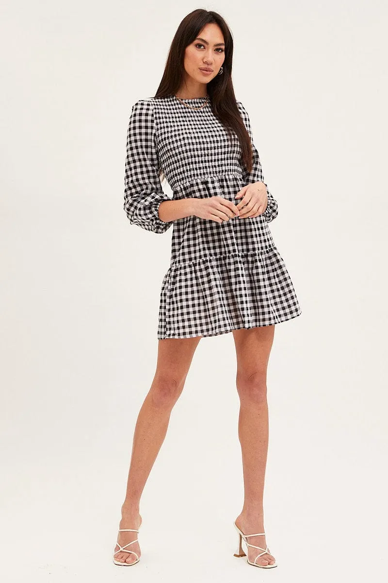 Check Skater Dress Long Sleeve Mini