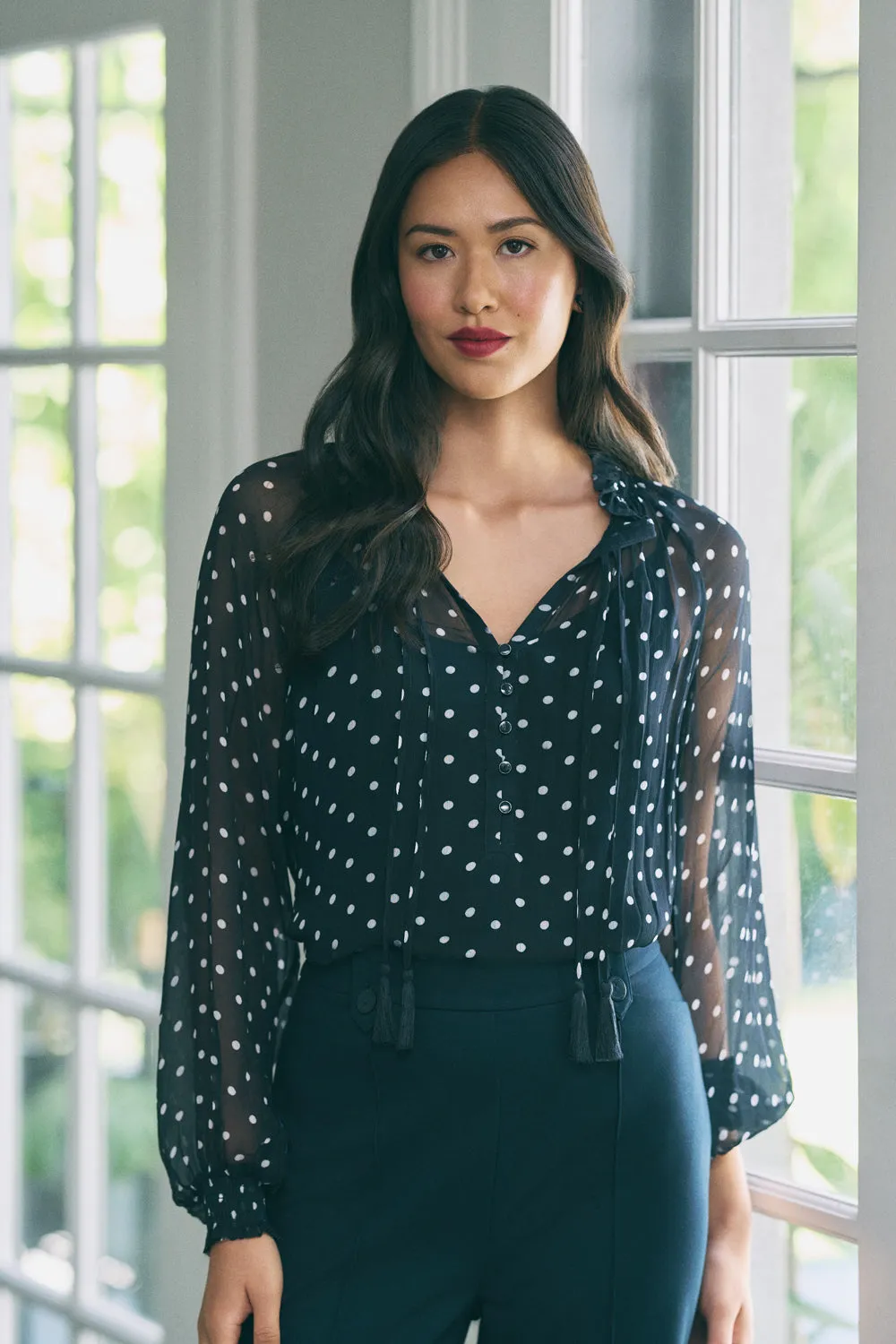Crinkle Viscose Blouse - Deep Navy Spot