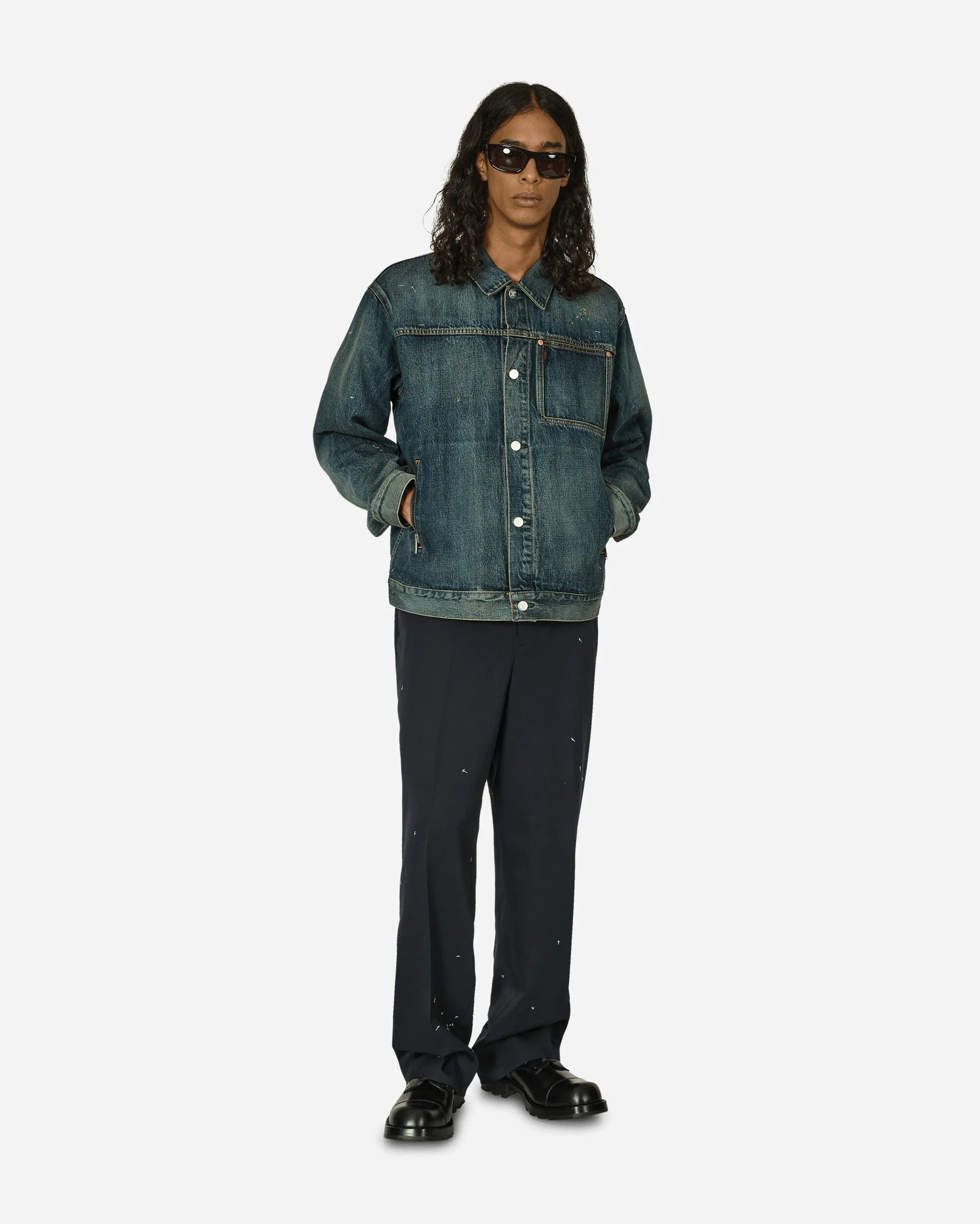 Cross Embroidery Distressed Denim Jacket Light Blue Indigo