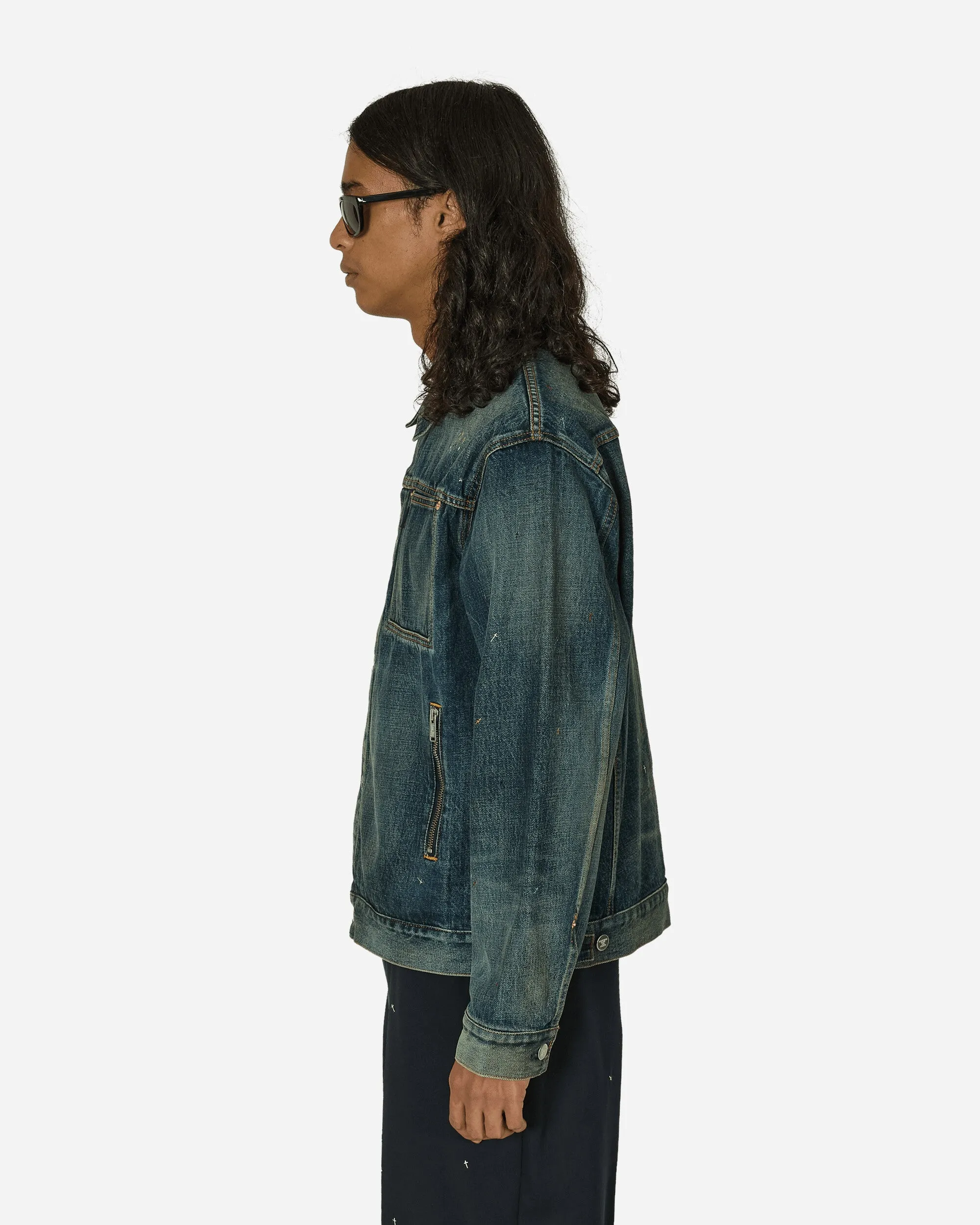 Cross Embroidery Distressed Denim Jacket Light Blue Indigo