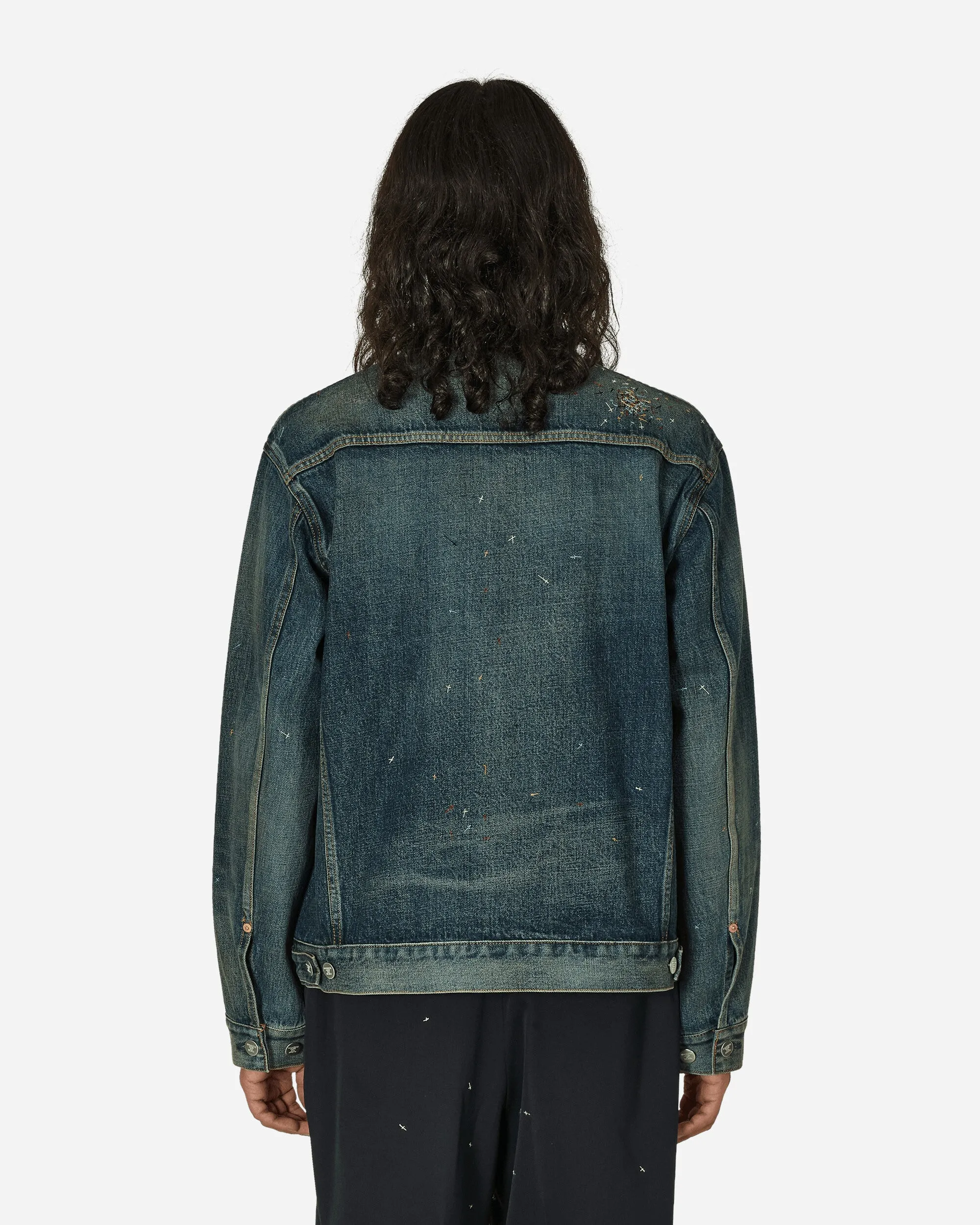 Cross Embroidery Distressed Denim Jacket Light Blue Indigo