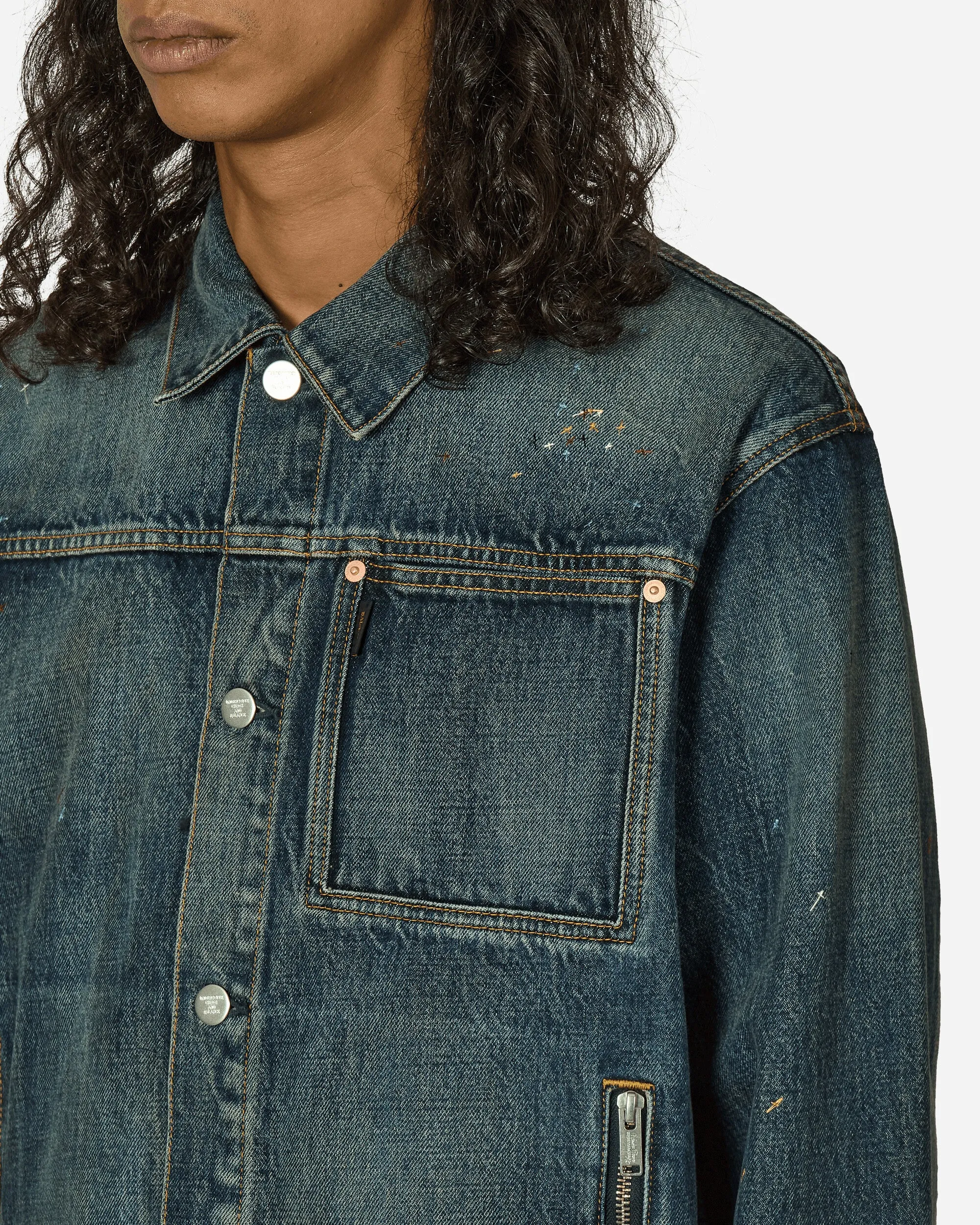Cross Embroidery Distressed Denim Jacket Light Blue Indigo