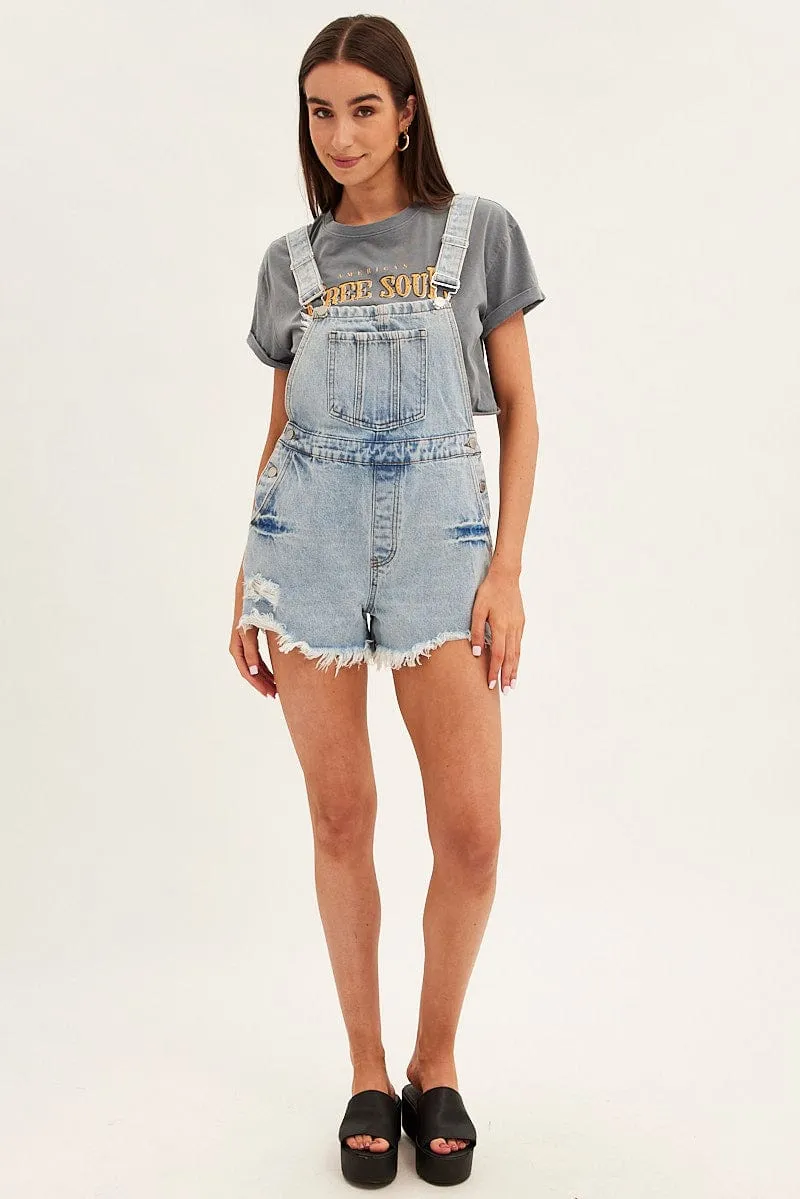 Denim Distressed Denim Short Overalls
