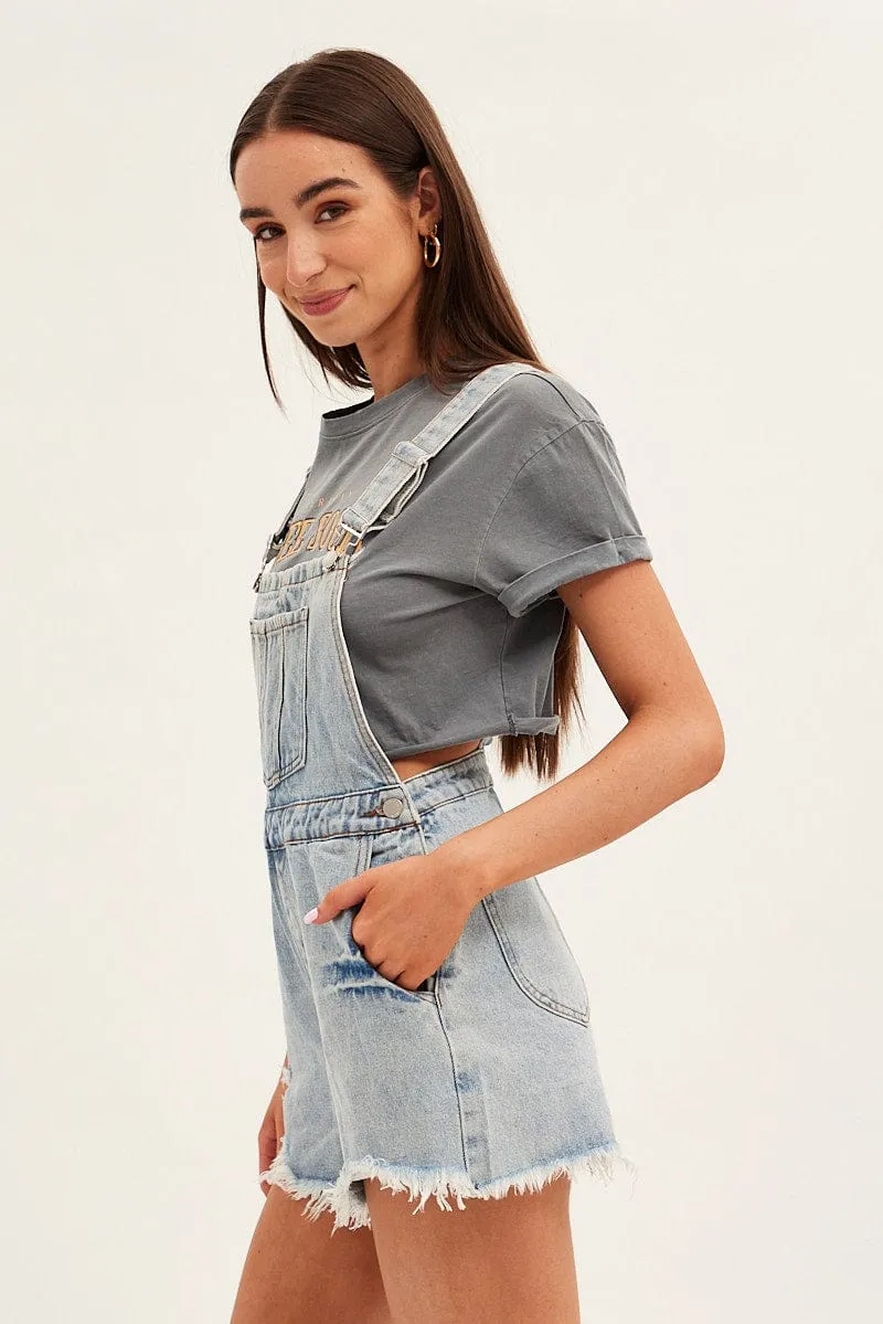 Denim Distressed Denim Short Overalls