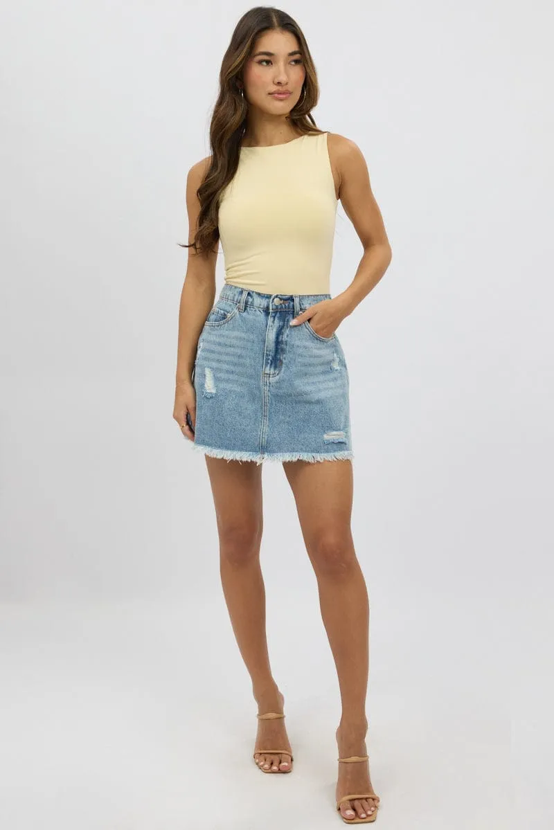 Denim Mini Skirt High Waisted Frayed Hem Distressed