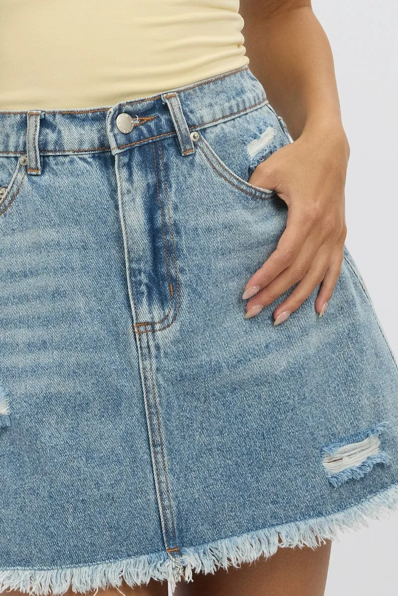 Denim Mini Skirt High Waisted Frayed Hem Distressed