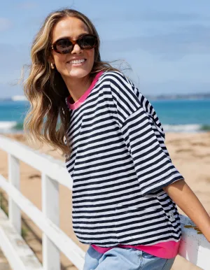 Elm Mazie Stripe Ringer Sweat Navy & White Stripe Neon Pink Trim