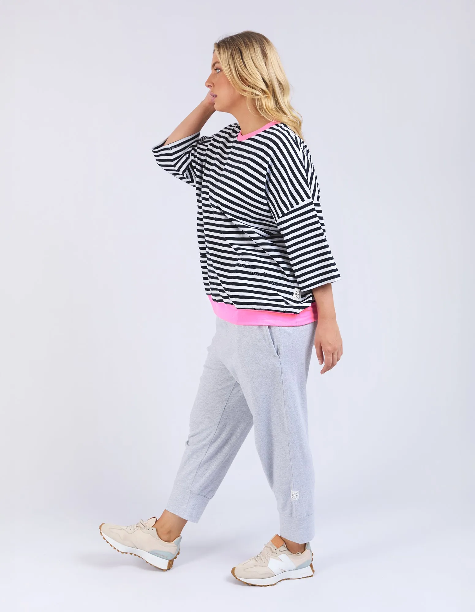 Elm Mazie Stripe Ringer Sweat Navy & White Stripe Neon Pink Trim