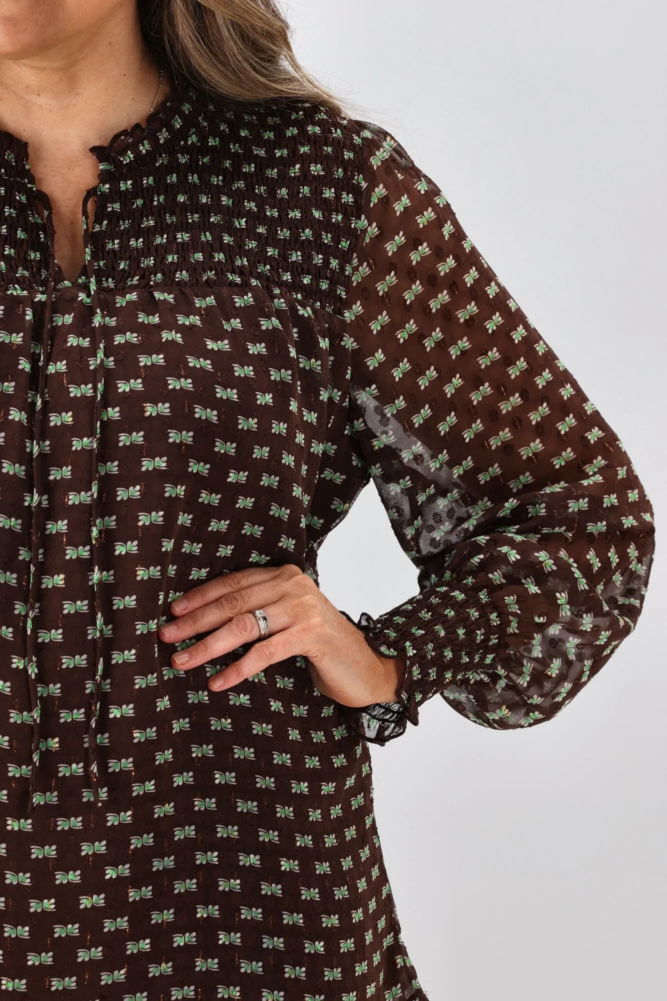 Gloss by Shine On Amelia Shirred Panel Top Chocolate Green Geo Print
