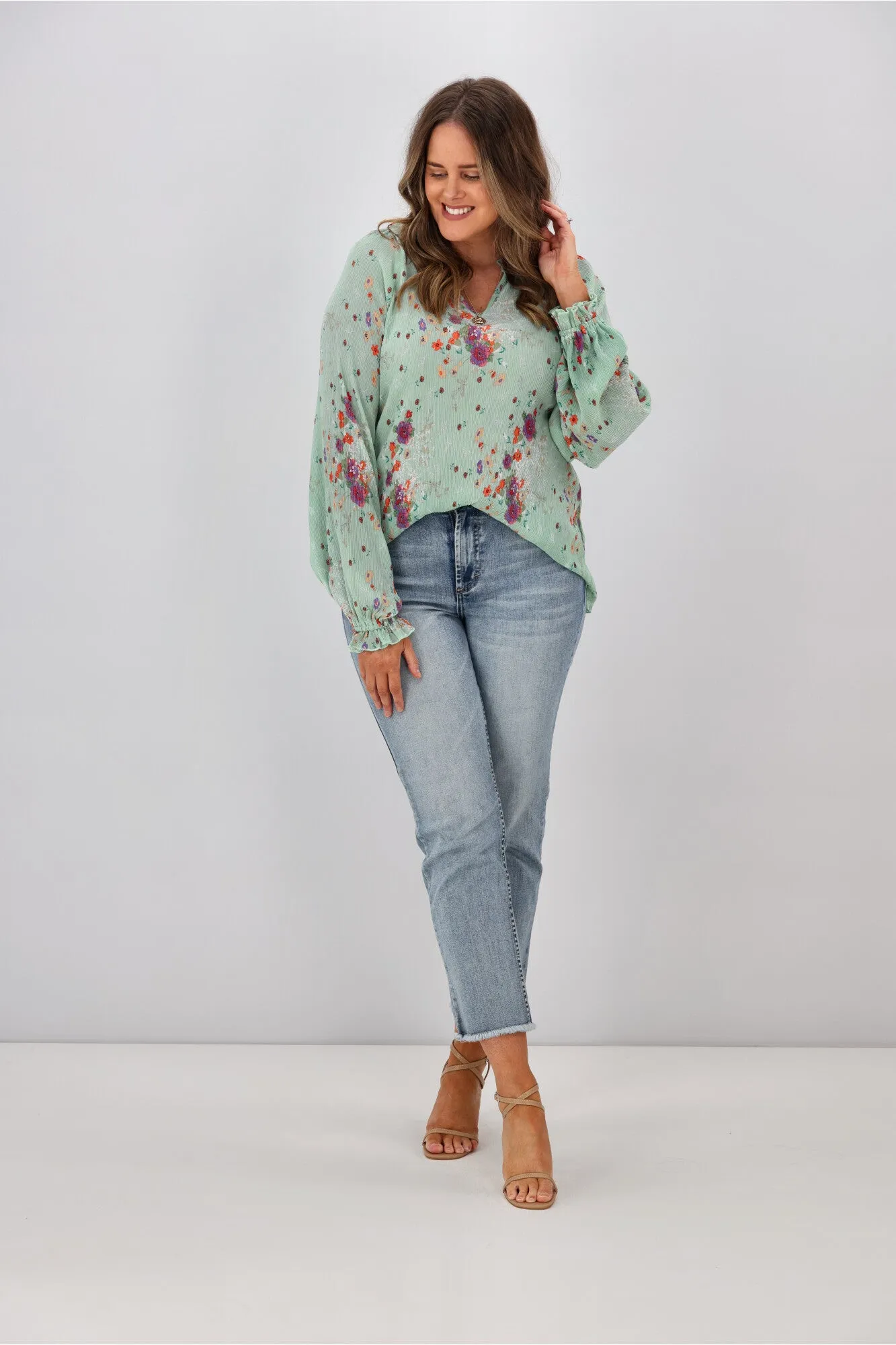 Gloss By Shine On Mila Micro Pleated Blouse Sage